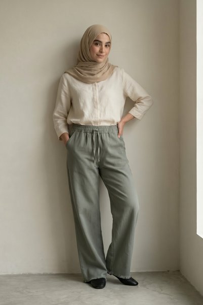 lavrisa بنطلون نسائي واسع الساقين من قماش الجبردين مع شرابة على الكاحل وخصر مطاطي
