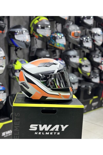 Sway Turuncu Gri Sportif Desen Full Face Ayna Vizör Ece 22.06 ABS Güvenlik