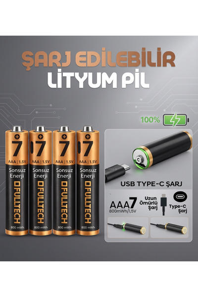 Ouptec 4 ADET AAA 7 Şarj Edilebilir İnce Kalem Pil 1.5V 800mWh Kapasiteli Lit...