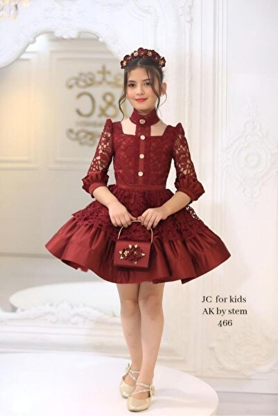 JC فستان بناتي عنّابي دانتيل فخم مع حقيبة وتاج Violet Flower Boutique