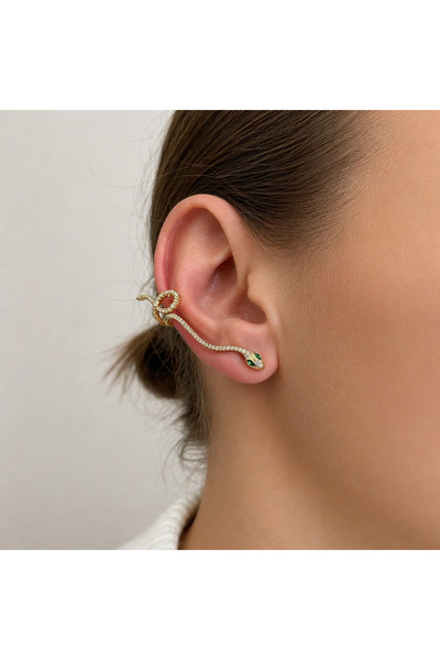nerora Zarif Yılan Zirkon Taşlı Tasarım 14K Gold Kulak Saran Kulak Üstü Ear C...