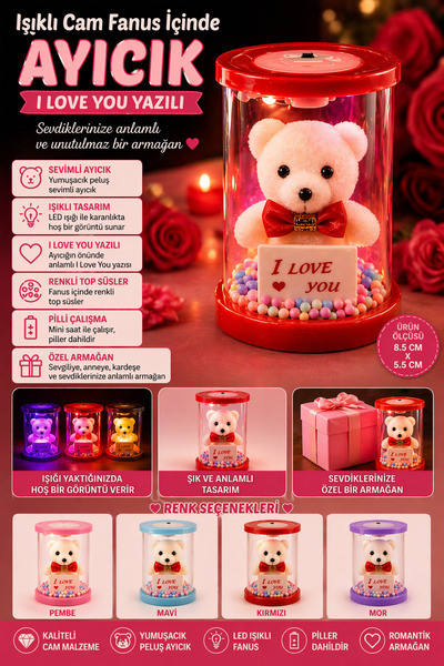 Tamsena Store Işıklı Cam Fanus İçinde Ayıcık I Love You Yazılı LED Dekoratif ...