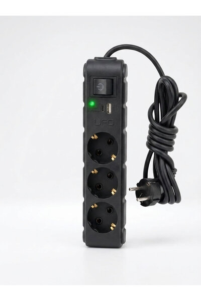 UFO ELECTRIC Akım Korumalı USB’li Priz 3’lü – 3500W 16A – Type-C & USB Girişl...