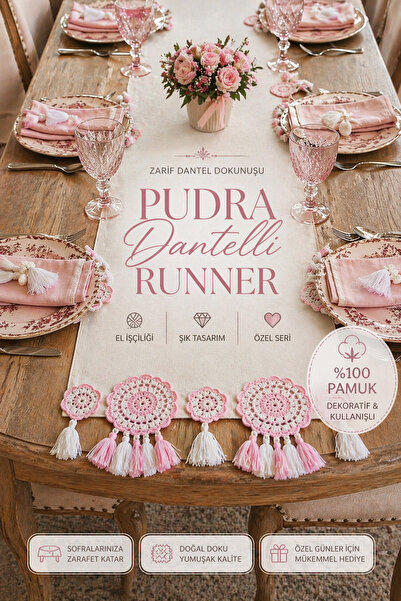 Sister Home Design Pudra Dantelli Runner %100 Pamuk El Yapımı Masa Örtüsü | D...