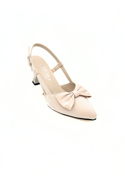 viderri Beige Bowknot Satin Stiletto Pointed Toe Open Back Strap Heel Casual ...