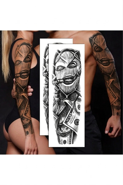 Maskeli Asi Kadın & Para Temalı Geçici Dövme – Büyük Boy 48 cm Realistik Tasarım