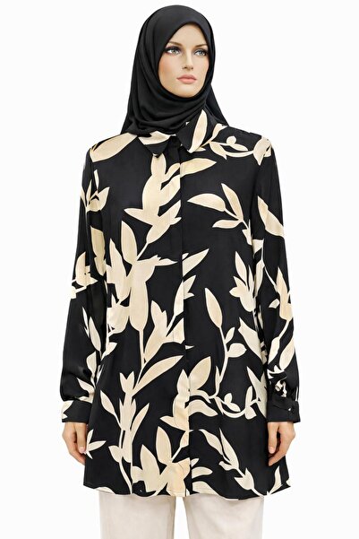 ZGfashion Kadın Siyah Ve Bej Gizli Düğmeli Uzun Tunik Gömlek
