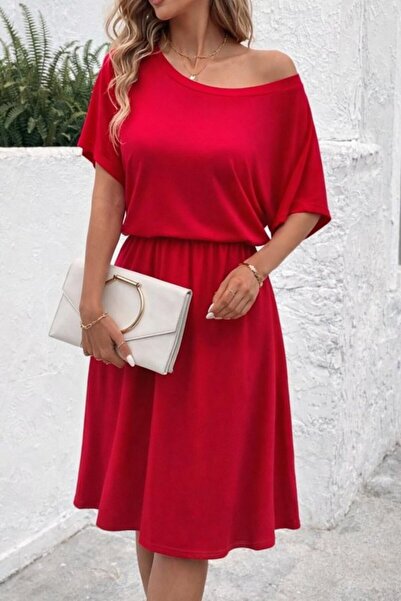 FRESCO SCARFS Γυναικείο κοντομάνικο φόρεμα μίντι βισκόζης με ανοιχτούς ώμους