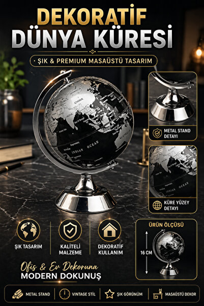 Tamsena Store Masaüstü Dekoratif Dünya Küresi – Metal Standlı Siyah Vintage T...