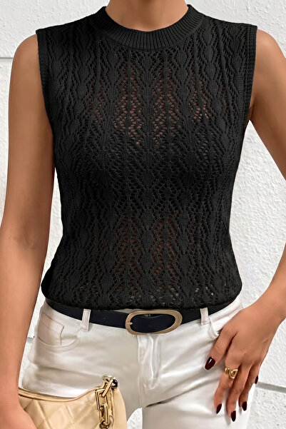 hanope Women's Summer Openwork Patterned Zero Sleeve Black Blouse