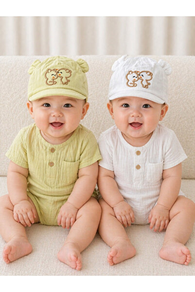greenmoss Green Moon Muslin Teddy Bear Embroidered Ears 2-Piece Baby Hat/Beanie