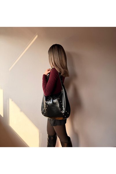 emelimin Women's Black Leather Look Large Hobo Shoulder Bag with Staple Detail