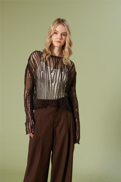 LOKADI Γυναικείο πλεκτό πουλόβερ από διχτυωτό ύφασμα εκρού με διάτρητο σχέδιο...