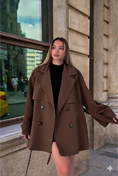 Modark Γυναικεία καμπαρντίνα διπλού στήθους με ζώνη σε απόχρωση Bitter Brown ...