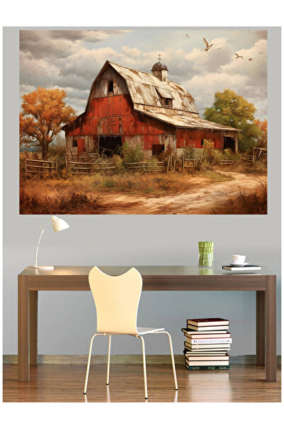 Mushen Studio Red Barn Rustic Canvas Painting, Decor clasic de perete, Operă ...