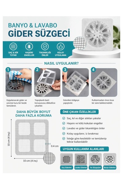 Hombak 1 Adet Lavabo Gider Süzgeci Filtre Sticker Kendinden Yapışkanlı Saç ve...