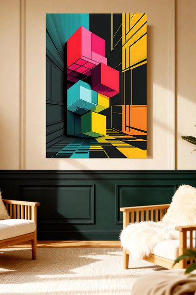 Mushen Studio Cuburi 3D colorate, pictură pe pânză cu design geometric abstra...