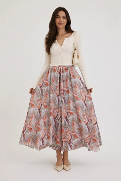 Lusin Γυναικεία ροζ φούστα με ελαστική μέση, φλοράλ σχέδιο, φοδραρισμένη, ψηλ...