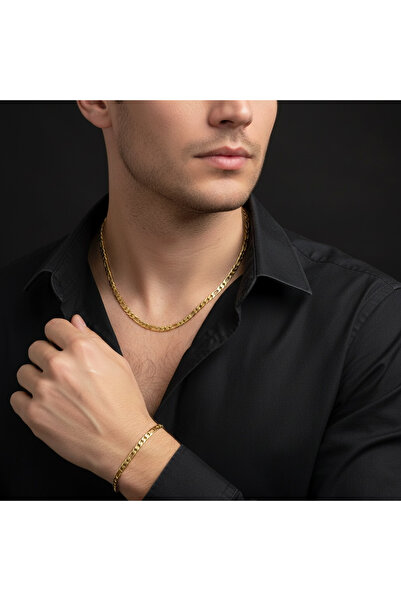 GLSVM Gold Çelik Erkek 4mm | Kolye & Bileklik Seti - 316L Paslanmaz Çelik