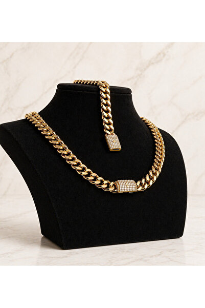 VEGALUXE Çelik Gold Renk Şık Modern 14K Altın Renk Gurmet Kolye Bileklik Set