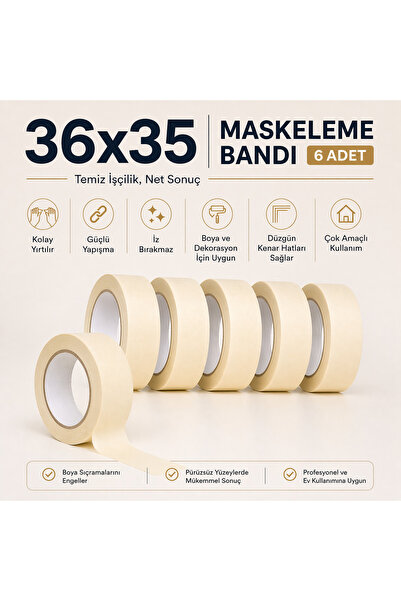 Bant Maskeleme Bandı 36mm x 35m Profesyonel Boya Bandı 6’lı Set