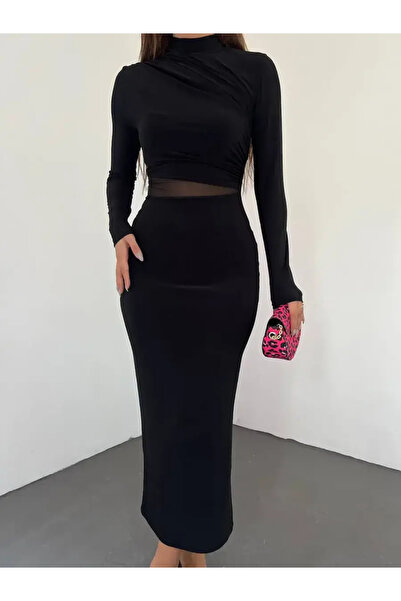 Mistix Καλοκαιρινό Μίντι Βραδινό Φόρεμα με Τούλι & Διαφάνεια, Μαύρο