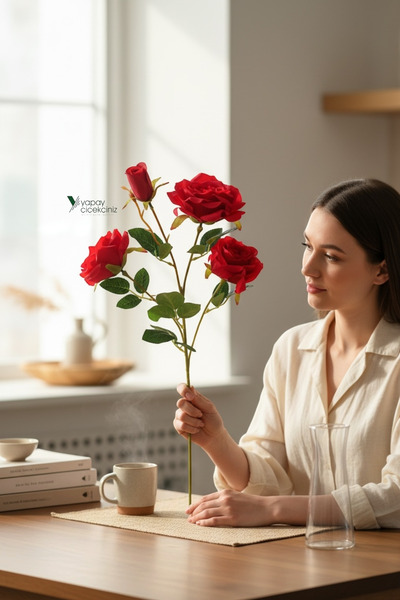 YAPAY ÇİÇEKÇİNİZ 65 CM 4 Dallı Goncalı Yapay Gül – Vazoya Uygun Kaliteli Gerç...