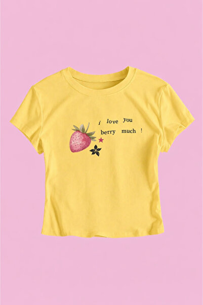 over head oh Ženska žuta Y2K majica sa printom "I Love Berry"