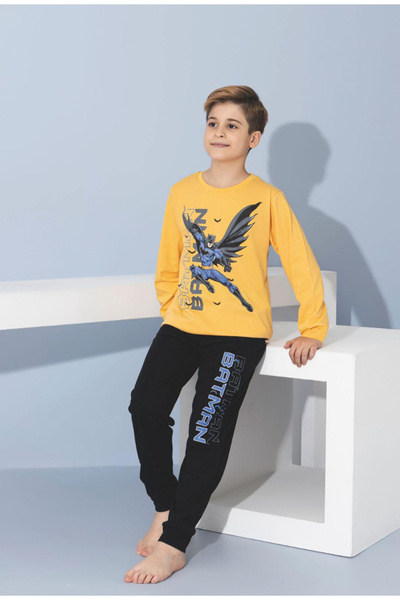Batman Erkek Çocuk Baskılı Uzun Kollu Pijama Takımı Sarı Siyah Likralı Penye
