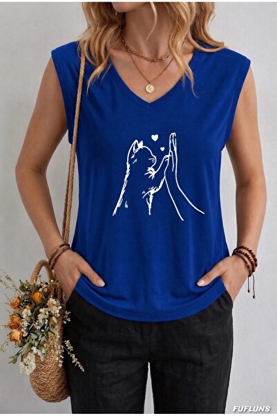 FUFLUNS ΓΥΝΑΙΚΕΙΟ ΑΜΑΝΙΚΟ T-SHIRT ΥΠΕΡΜΕΓΕΘΕΣ ΜΕ ΣΤΑΜΠΑ ΧΕΡΙΟΥ ΚΑΙ ΓΑΤΑΣ