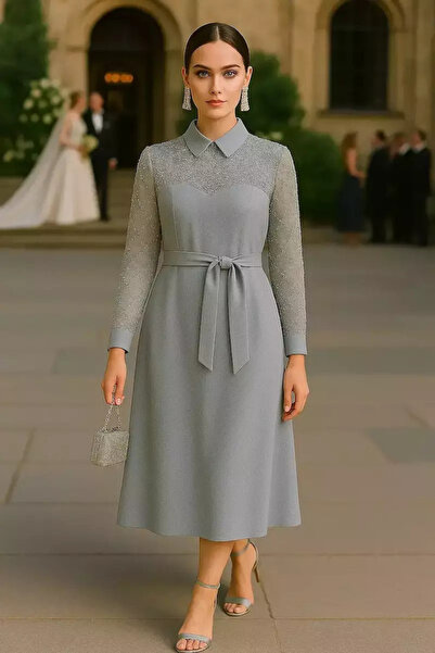 Kinzi Μάξι φόρεμα για Γάμο / Βάπτιση με τούλι ανοιχτό γκρι