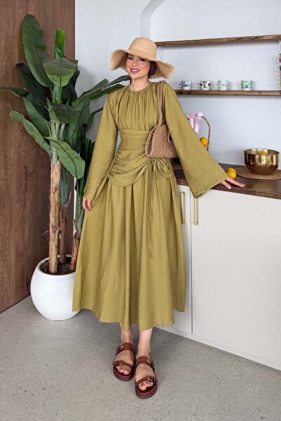 Şulemoda Giyim Τρόγια Λινό Φόρεμα Πράσινο Λαδί