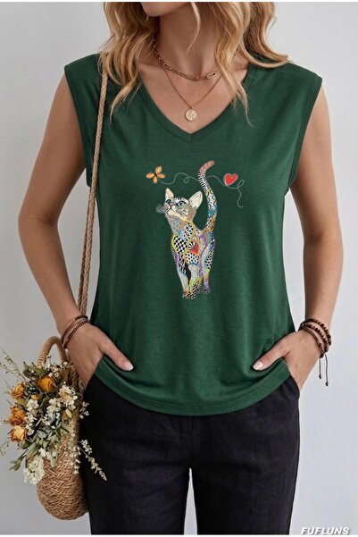 FUFLUNS TRICOU FĂRĂ MÂNECI DE DAMĂ CU IMPRIMEU COLORĂ DE PISICĂ
