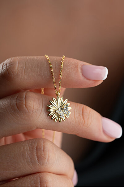 Silvano Jewelry 925 Ayar Gümüş Altın Kaplama Kelebekli Ayçiçeği Kolye