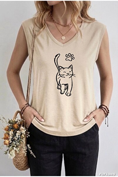 FUFLUNS Cat Printed Women's Oversize Sleeveless T-Shirt