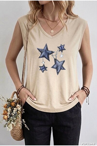 FUFLUNS Chained Star Printed Women's Oversize Sleeveless T-Shirt