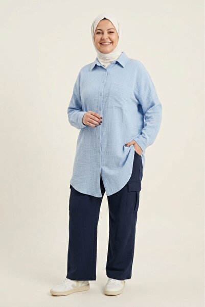 PORİENTO Ανοιχτό μπλε μεγάλο μέγεθος, φαρδιά γραμμή, 100% βαμβακερό ύφασμα μο...