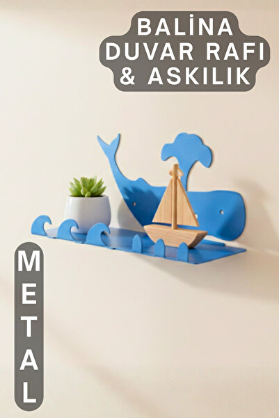 Furniall Balina Figürlü Çocuk Odası Metal Duvar Rafı ve Askılığı - Dekoratif ...