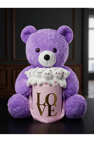 lenostra Gift for Women from Lover to Mother: 55 cm Purple Plush Bear and Pink Love Box with 15 Teddy Bears