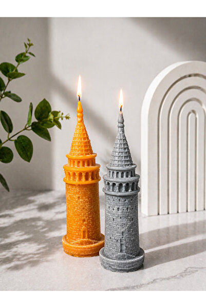 Galata Kulesi Mum Dekoratif El Yapımı Hediyelik Mum (17cm Gri Turuncu 2’Li Set)