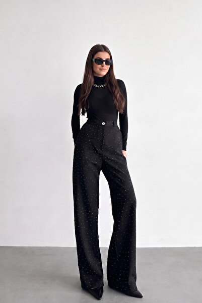 Jaglion Νέα σεζόν Γυναικείο παντελόνι Palazzo με ψηλή μέση και πέτρες