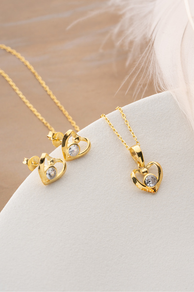 Silvano Jewelry 925 Ayar Gümüş Altın Kaplama Tektaşlı Kalp Takı Seti