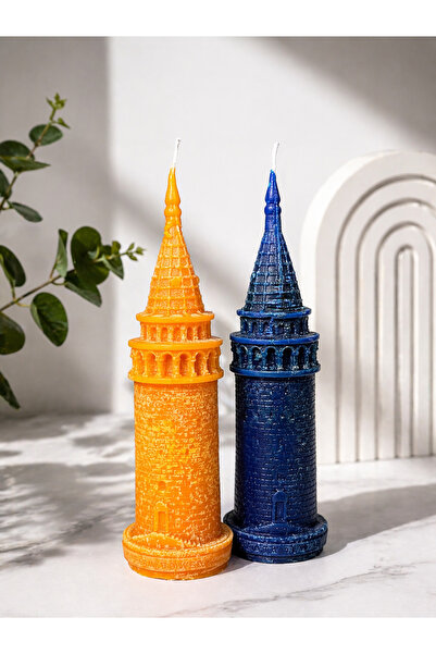 DRN Galata Kulesi Mum Dekoratif Hediyelik Mum (17cm 2’Li Set Lacivert Turuncu)