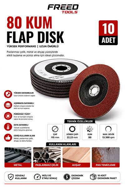 FREED TOOLS Flap Disk Metal Ahşap Zımpara 80 Kum 10'lu 115x22 mm