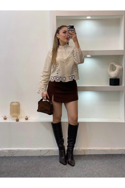 MetuCA Cămașă de damă din bumbac și in, cu design bej și motiv, cu dantelă, Pinterest Shirt