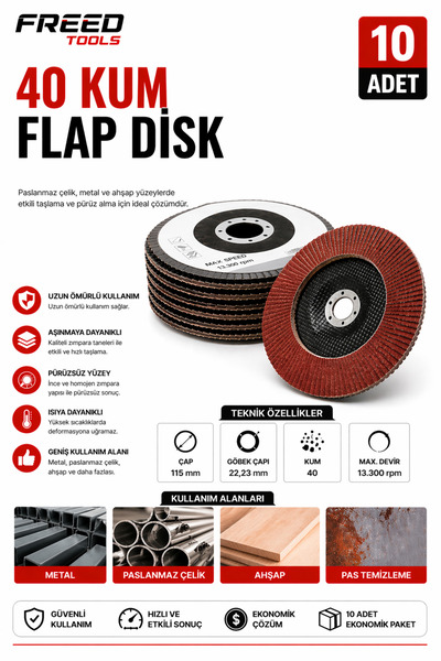 FREED TOOLS Flap Disk Metal Ahşap Zımpara 40 Kum 10'lu 115x22 mm