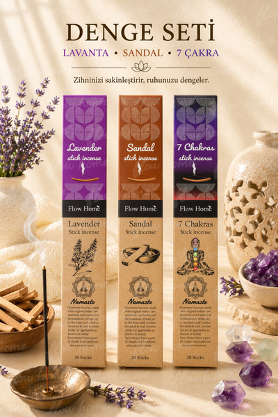 Flow Home 3’lü Tütsü Seti Lavanta, Sandal, 7 Çakra 60 Adet Meditasyon, Ev Kok...