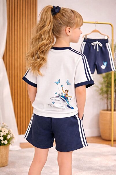 Alvadonna Dark Blue Girls' Top and Shorts Set with Printed Back