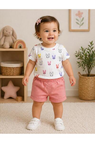 cacobutik Baby Girl Tiny Rabbit Ears Linen Shorts Summer Set Pink