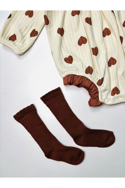 cacobutik Baby Girl Heart Socks Bandana Romper Set Cream-Tan